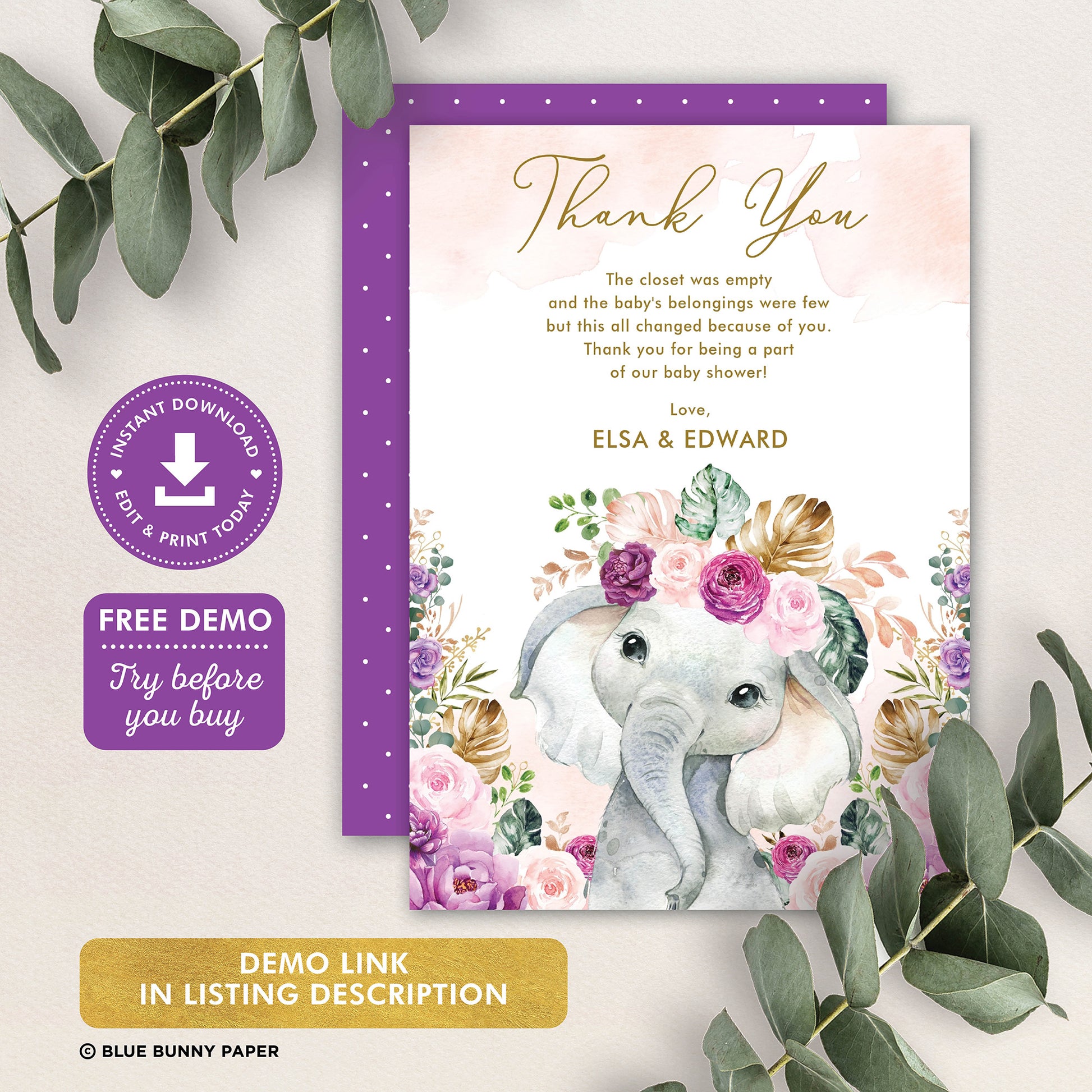 Purple Flowers Elephant Baby Shower Thank You Card