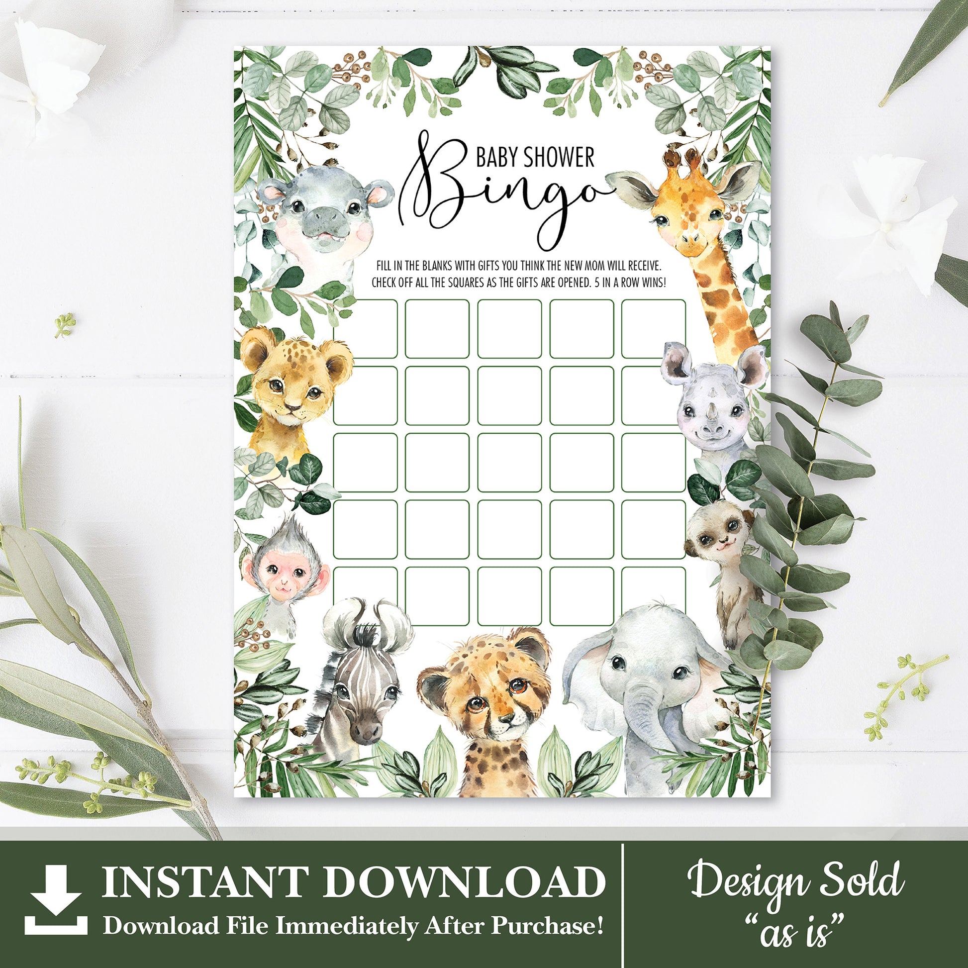 Animal Safari Baby Shower Bingo Game
