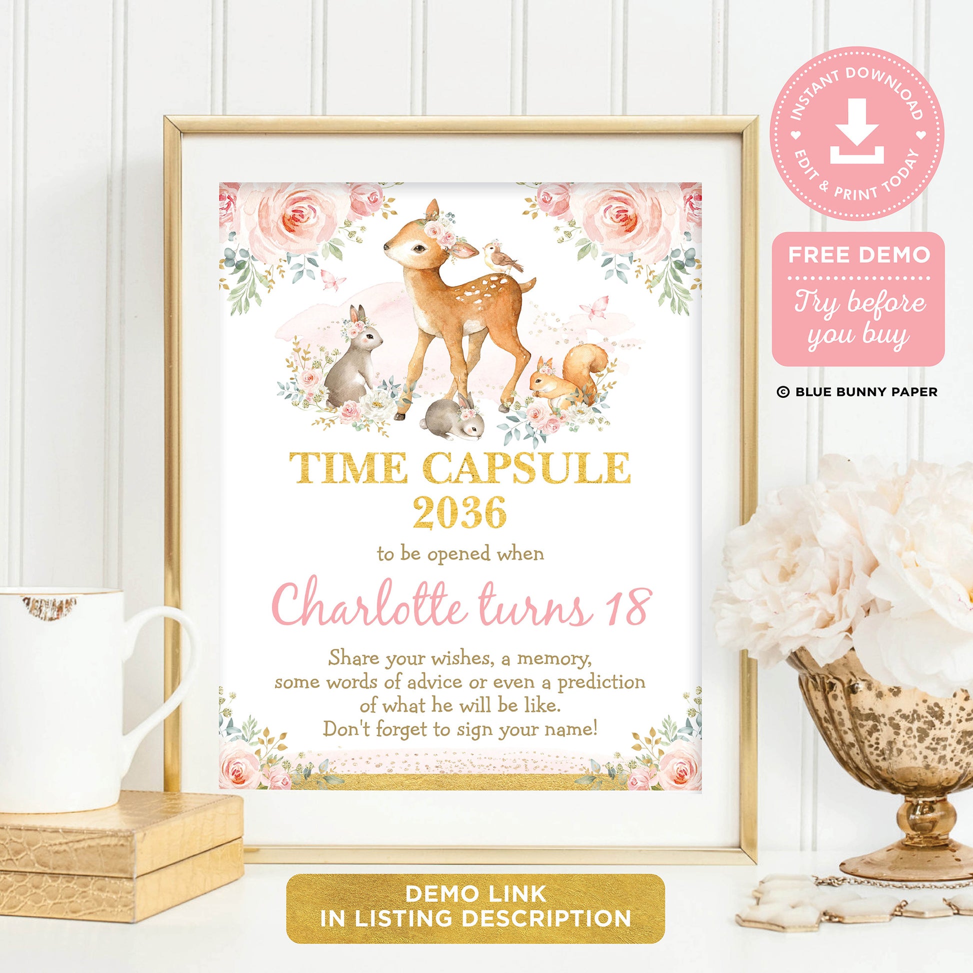 Girl Woodland Time Capsule Sign and Card