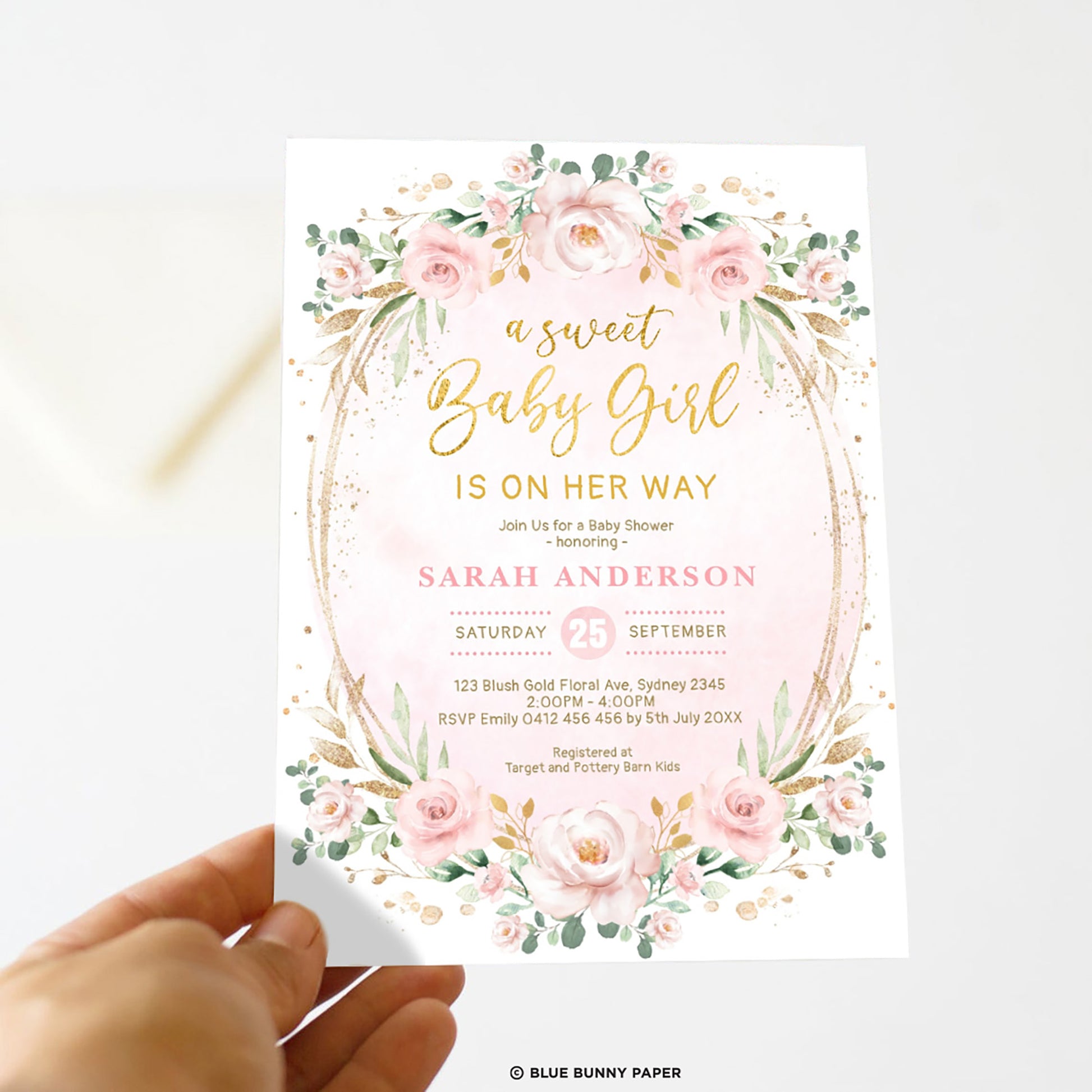 Pink Flowers Girl Baby Shower Invitation