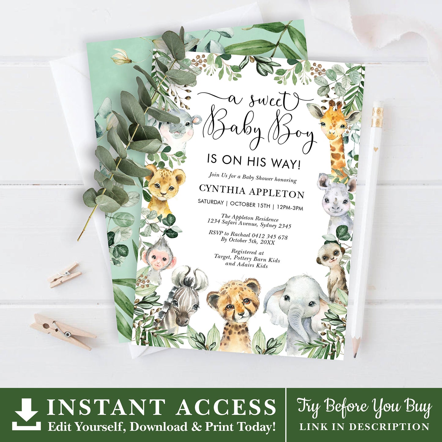 Safari Animals Baby Shower Invitation