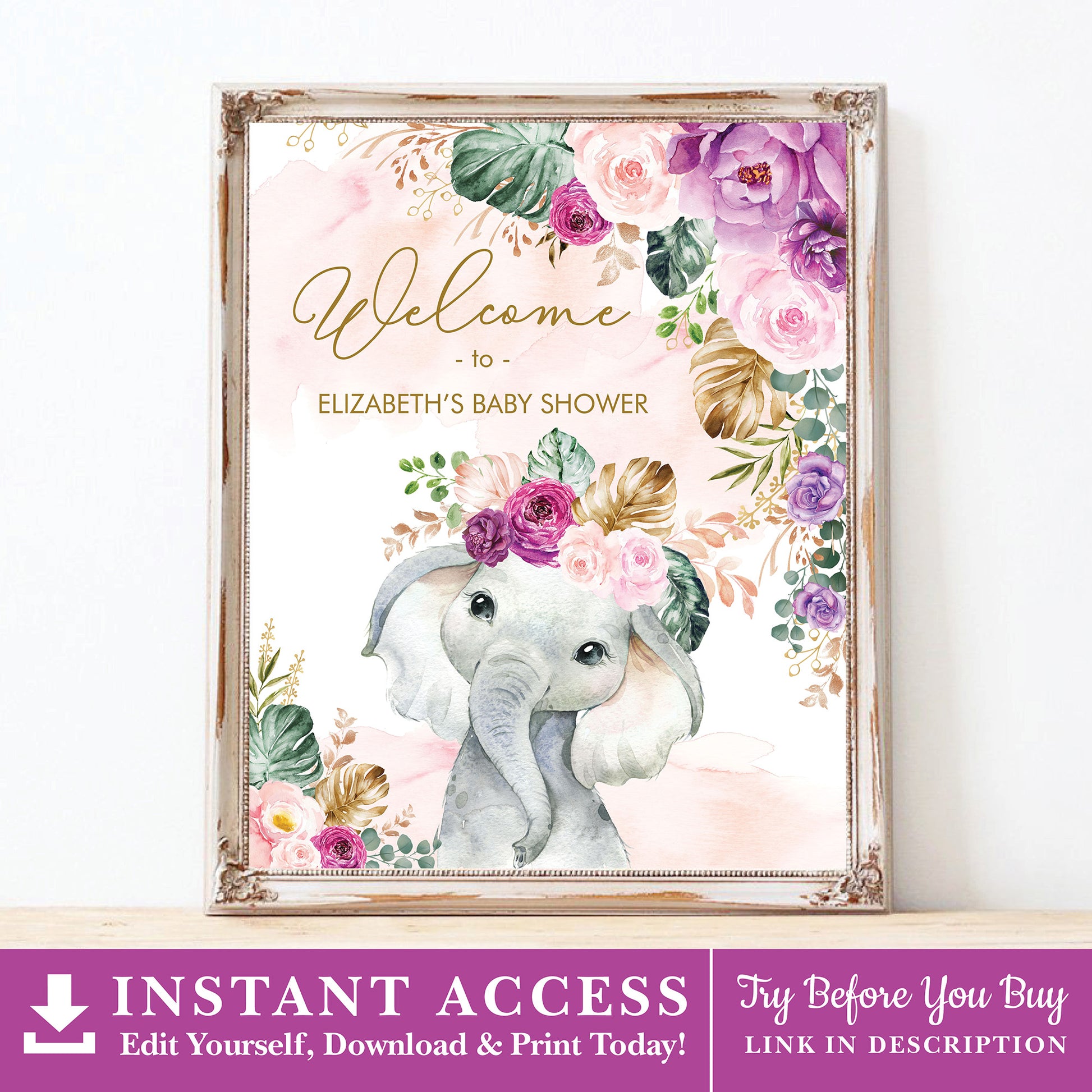 Purple Flowers Elephant Party Welcome Sign