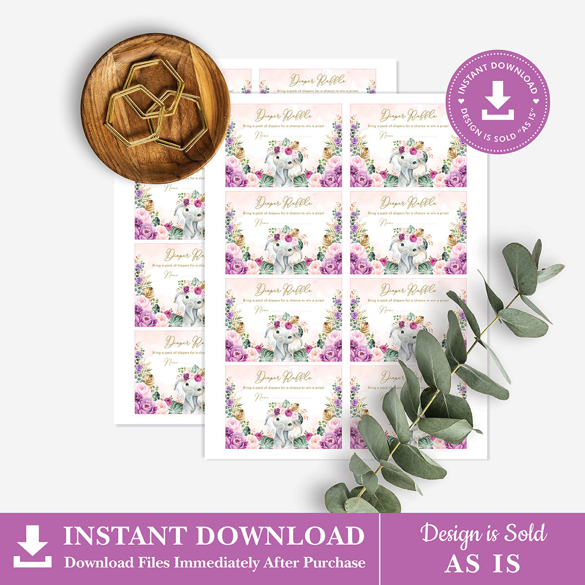 Purple Flowers Elephant Baby Shower Diaper Raffle Card