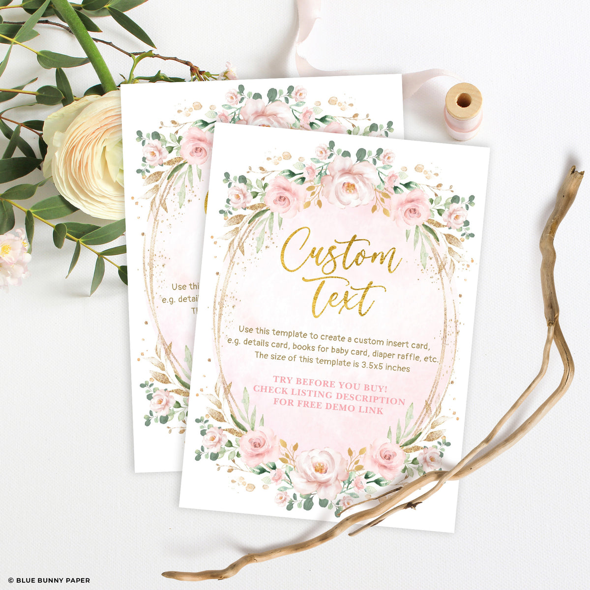 Flower Simple Insert Pink Flower Custom Editable Insert Card – Blue Bunny Paper