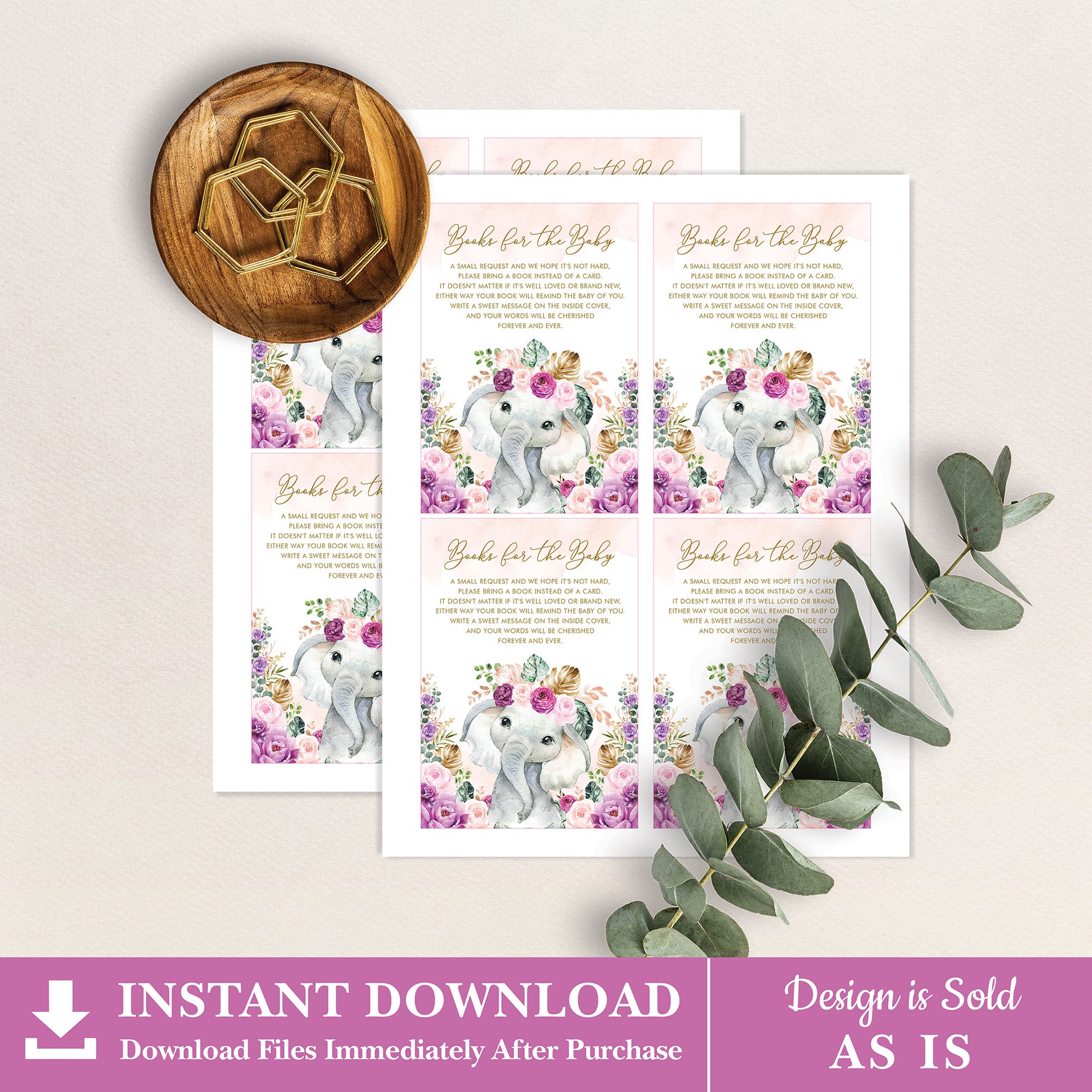 Purple Flowers Elephant Book for the Baby Insert Card