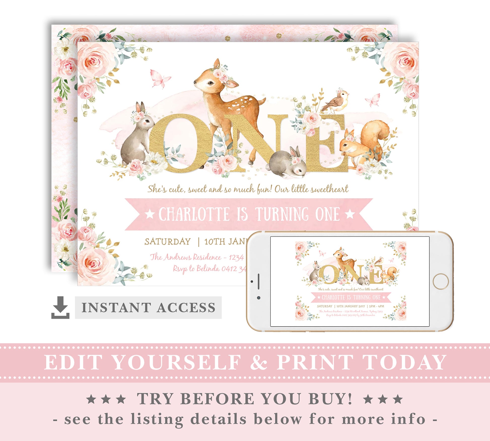 ONE - Girl Woodland First Birthday Invitation