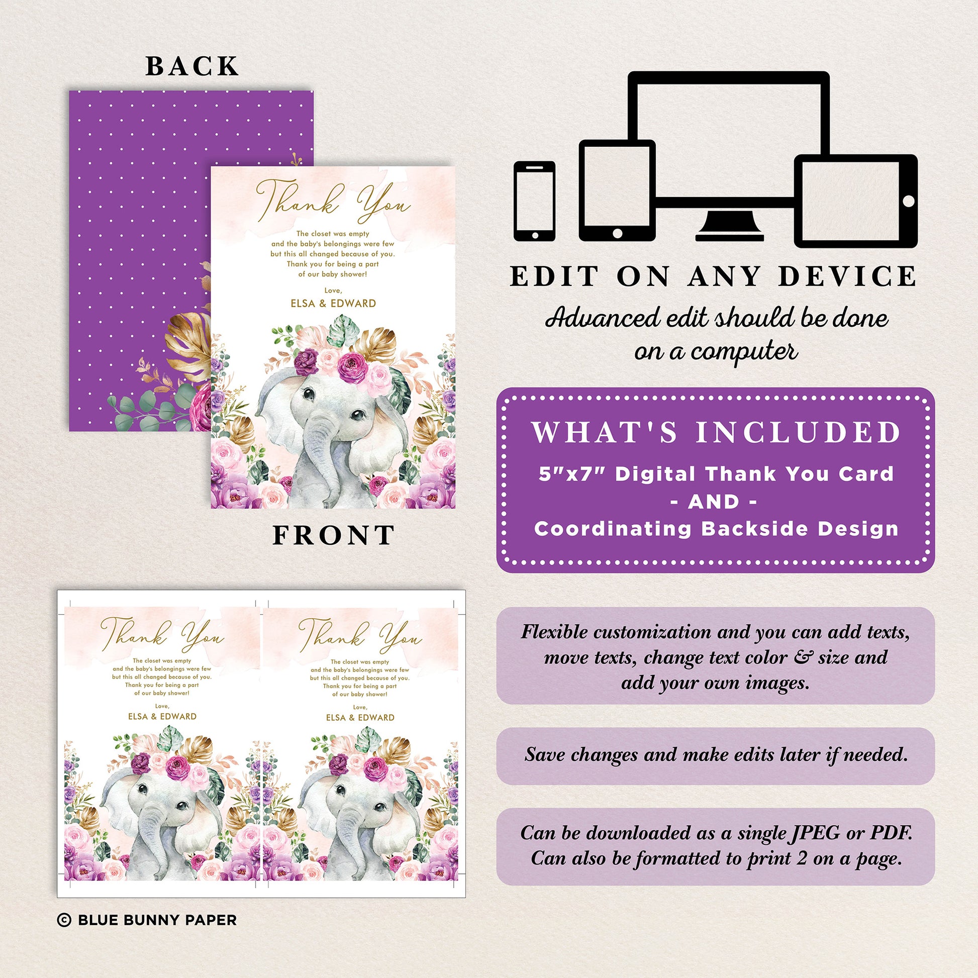 Purple Flowers Elephant Baby Shower Thank You Card