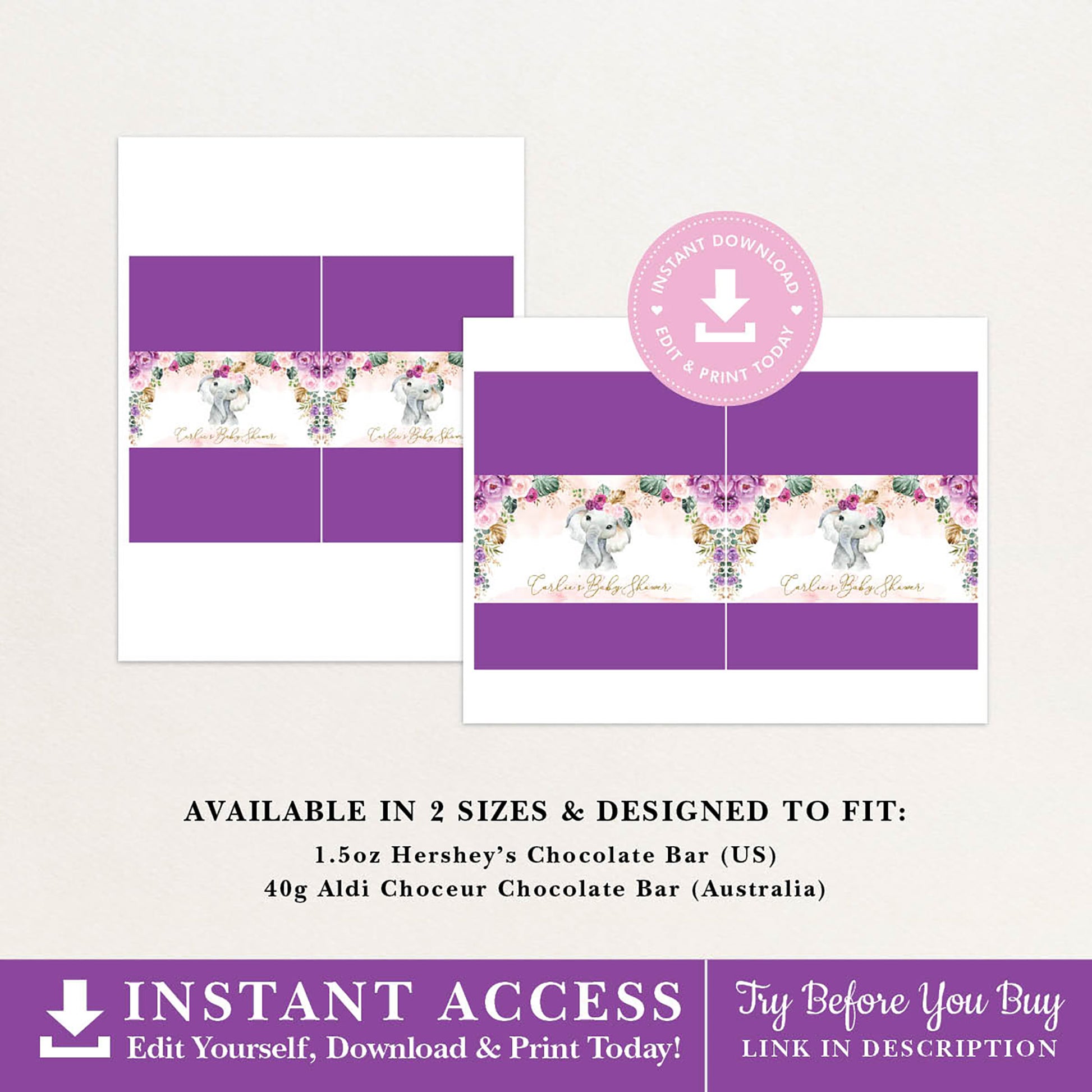 Purple Flowers Elephant Chocolate Bar Wrapper