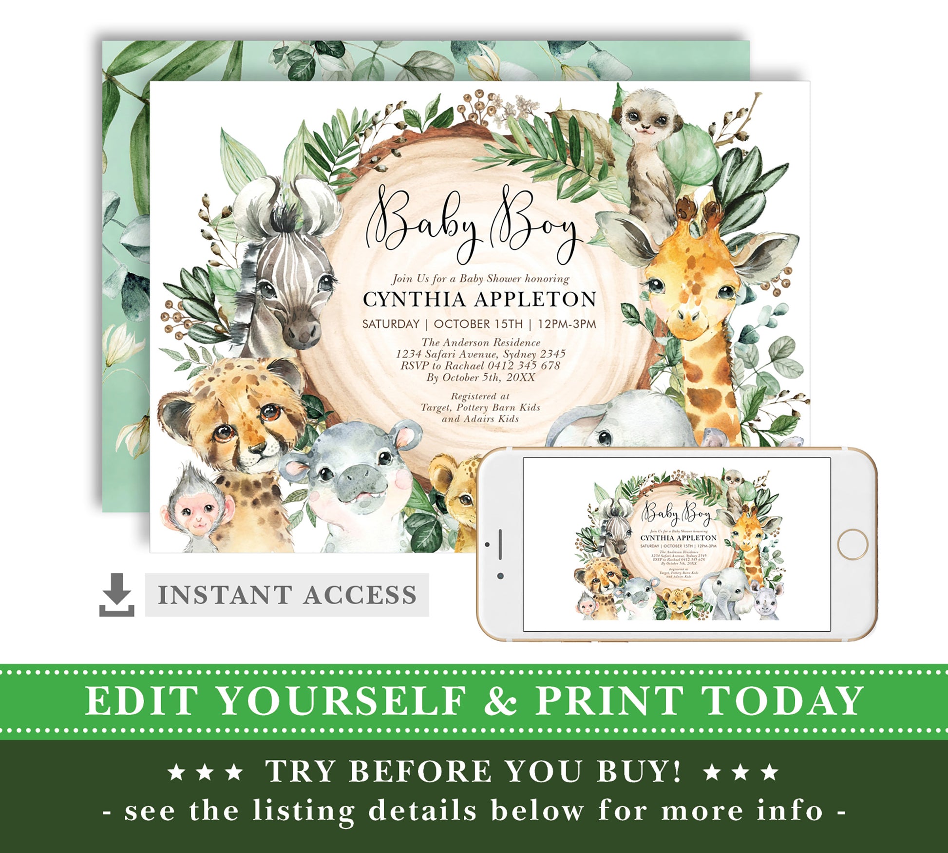 Safari Animals Baby Shower Invitation
