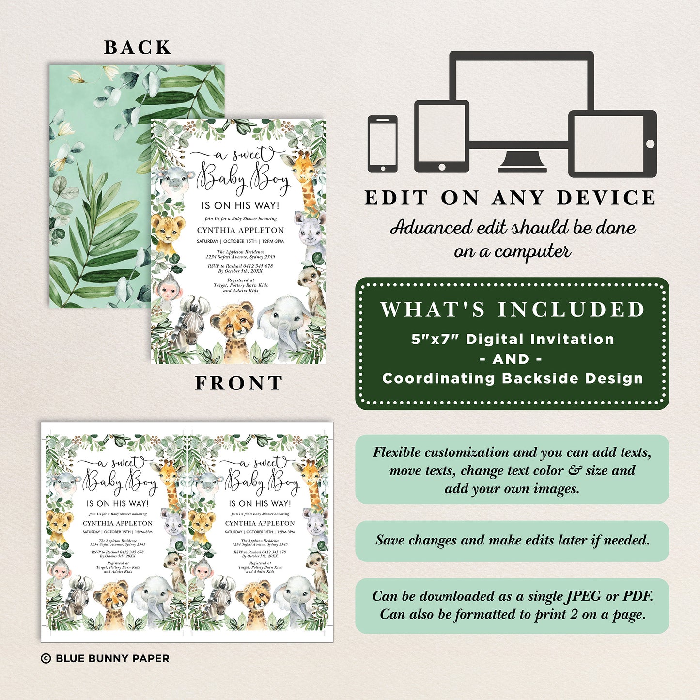 Safari Animals Baby Shower Invitation