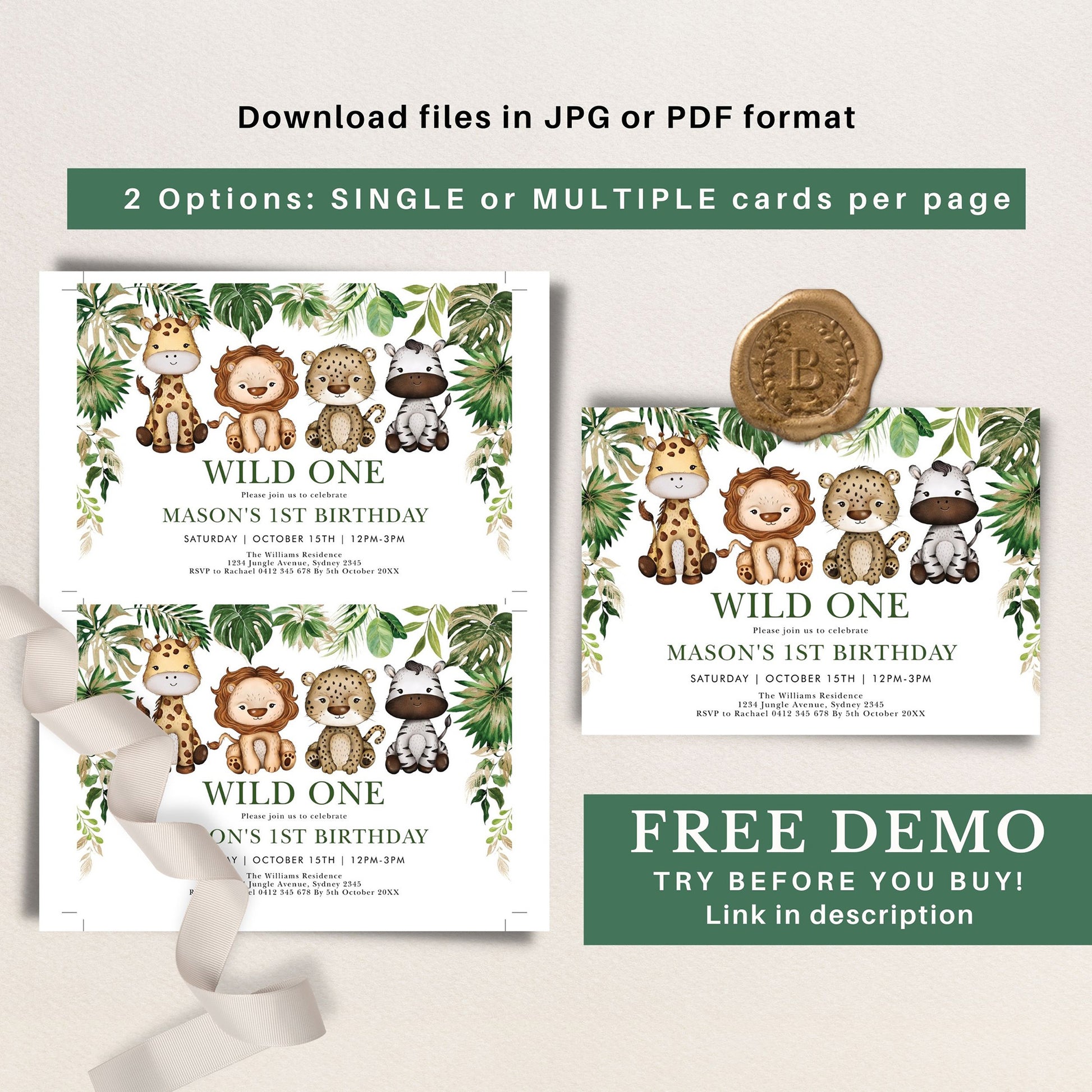 Wild Jungle 1st Birthday Invitations