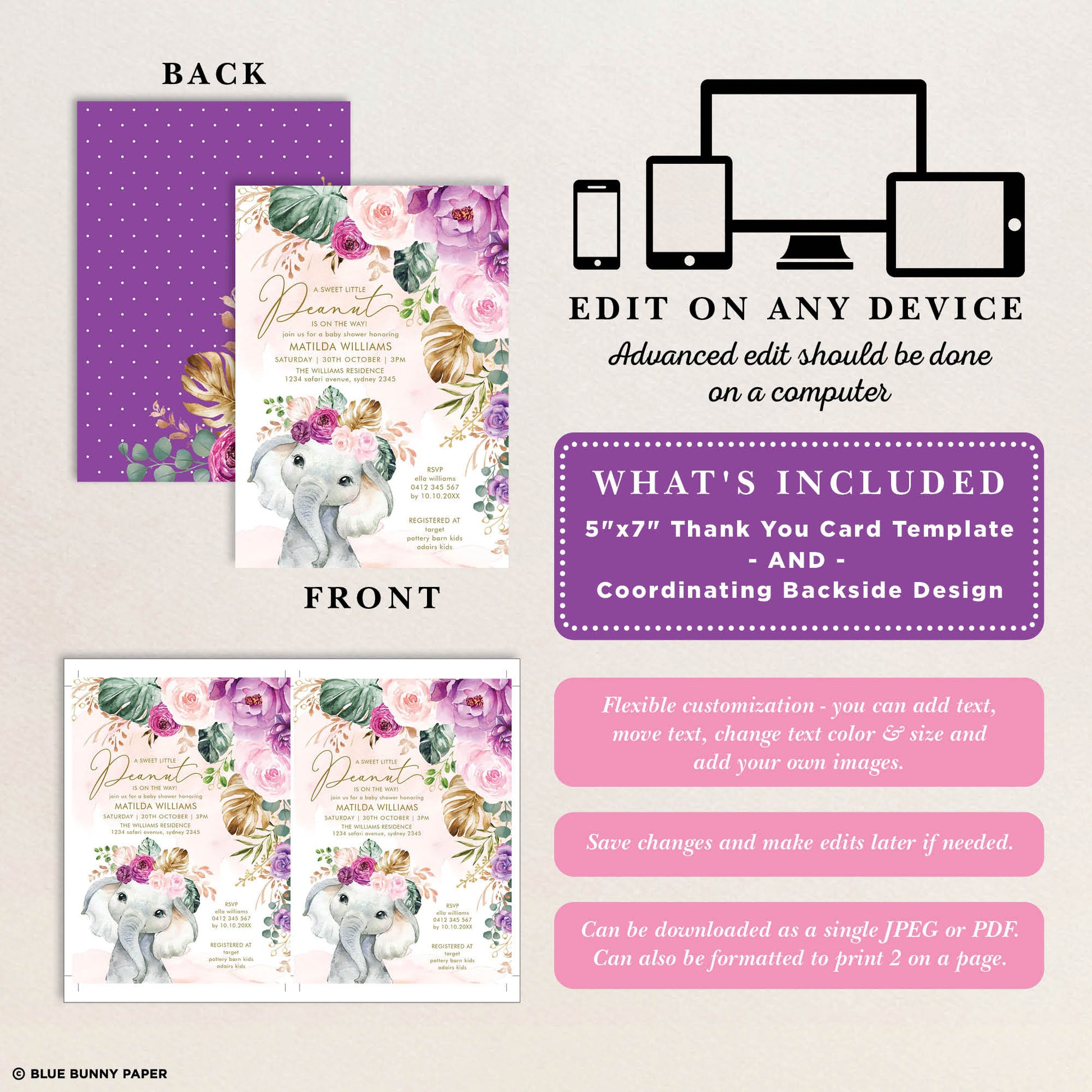 Purple Flowers Elephant Baby Shower Invitation