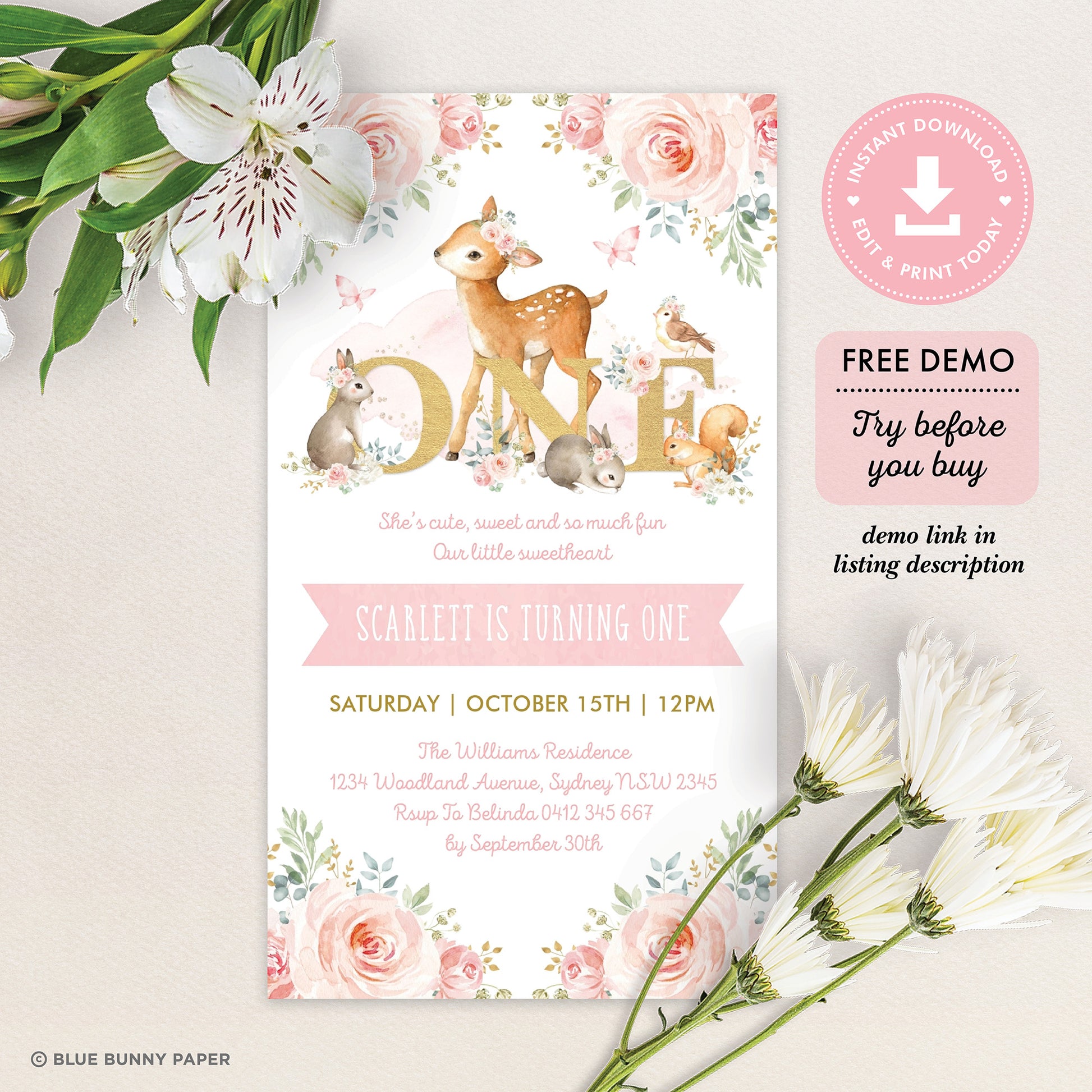 ONE - Girl Woodland Digital First Birthday Invitation