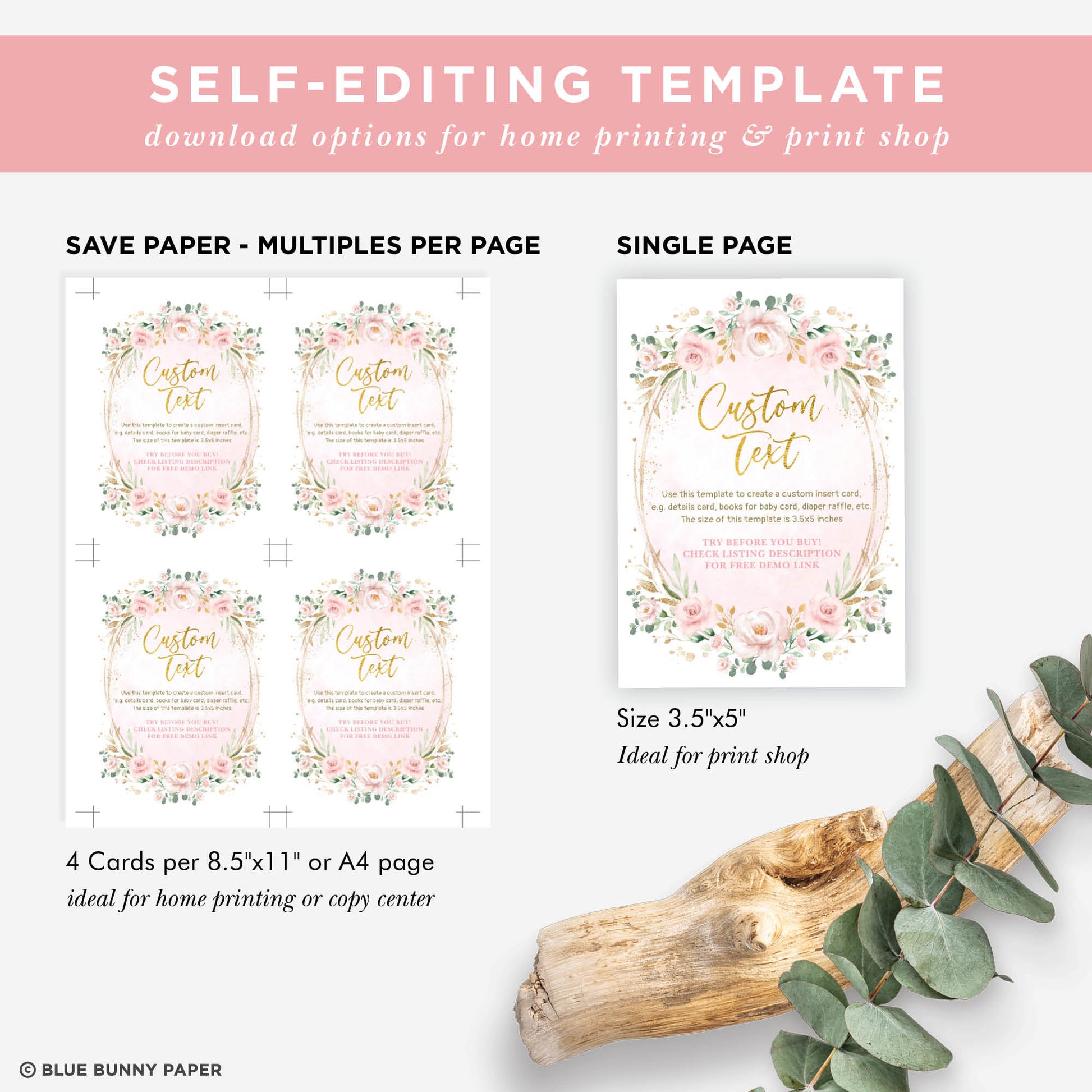 Pink Flower Custom Editable Insert Card