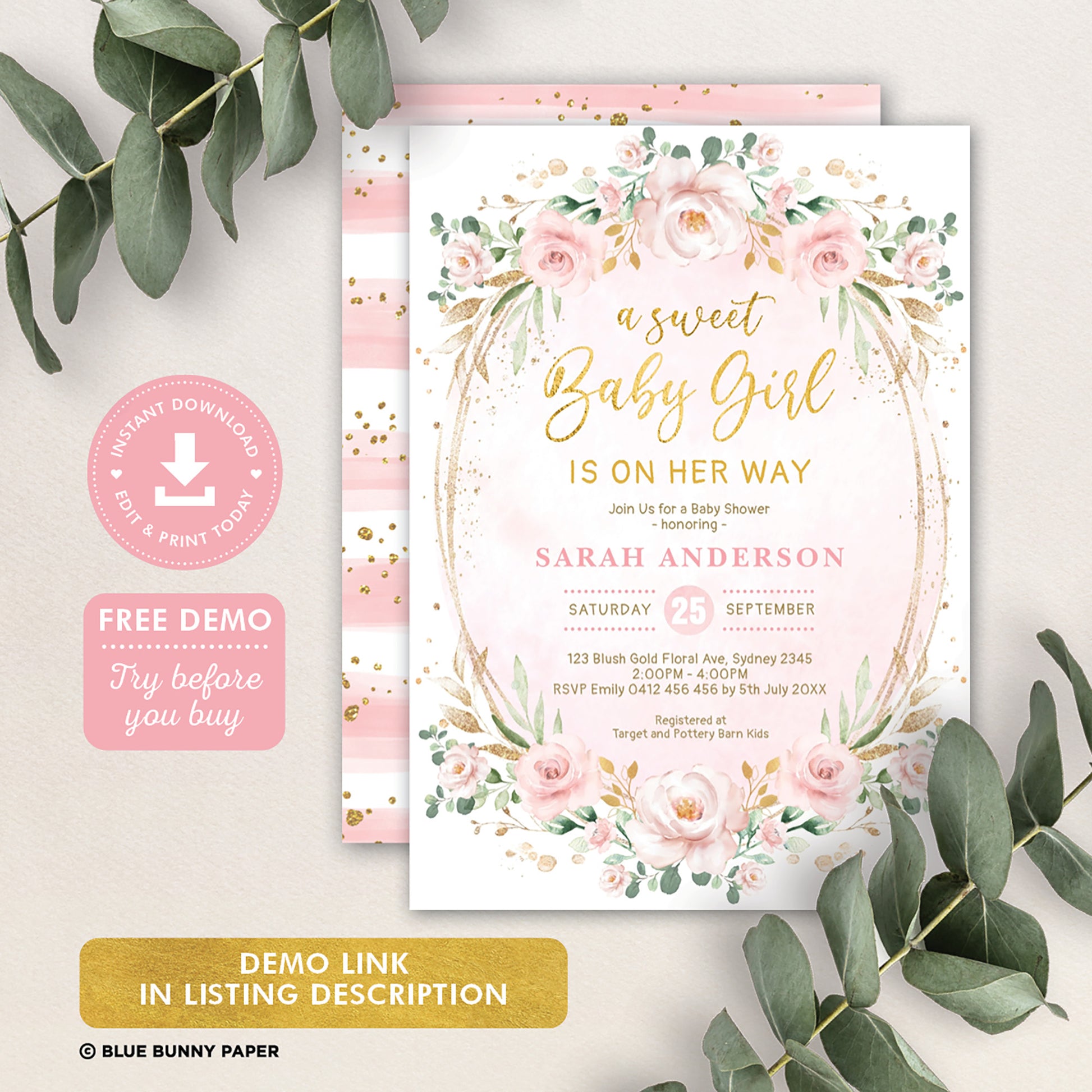 Pink Flowers Girl Baby Shower Invitation