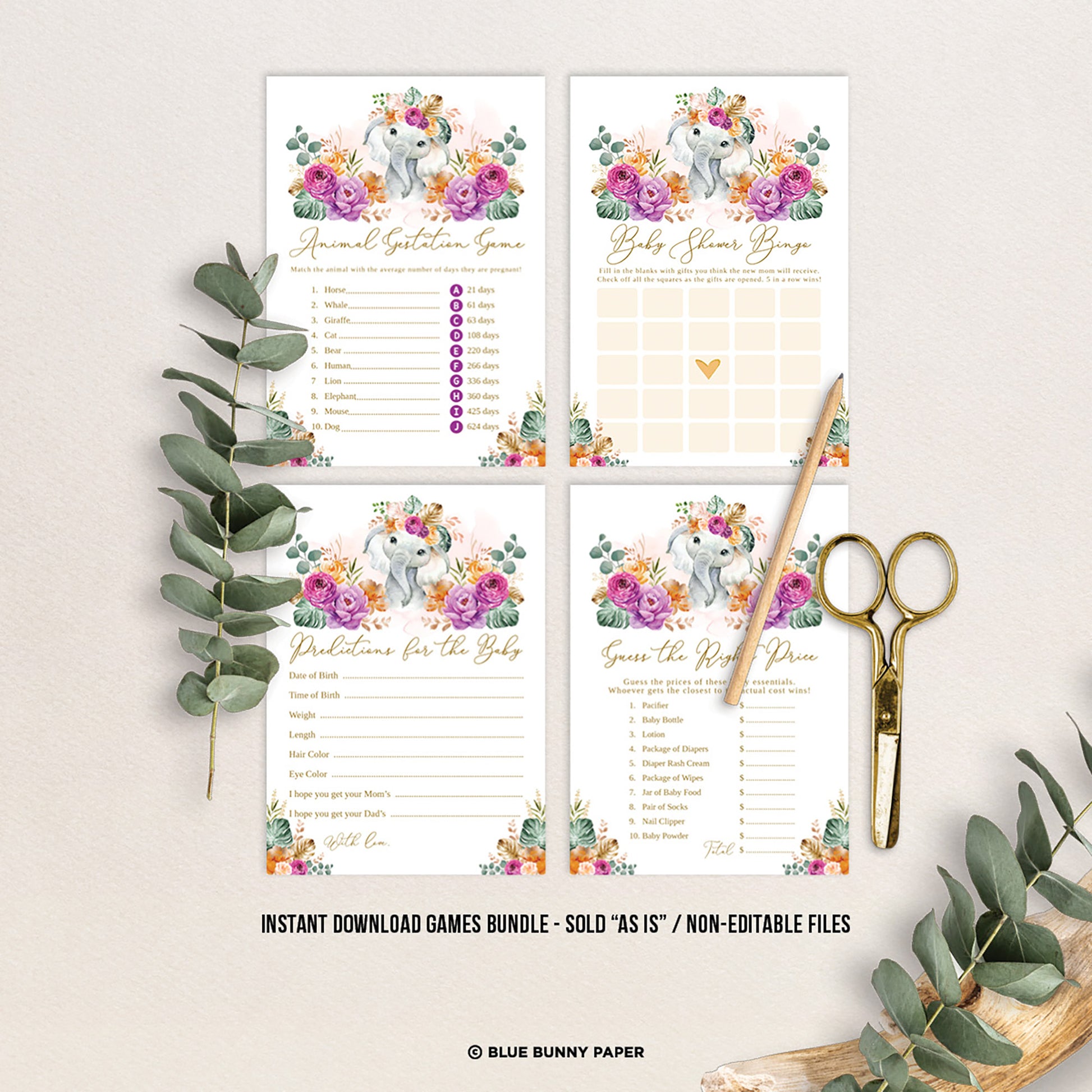 Flower Elephant Baby Shower Games Package