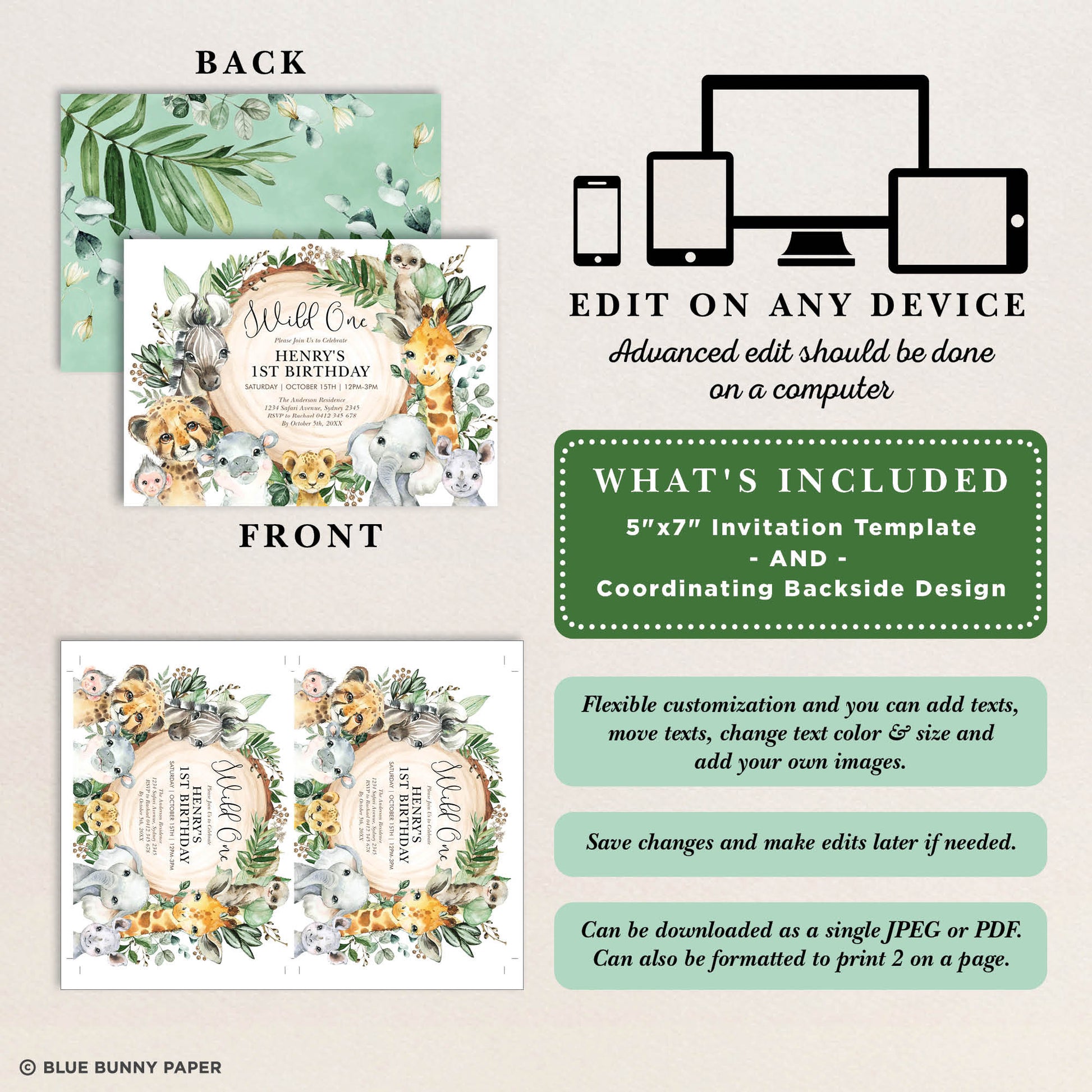 Wild Safari First Birthday Invitations