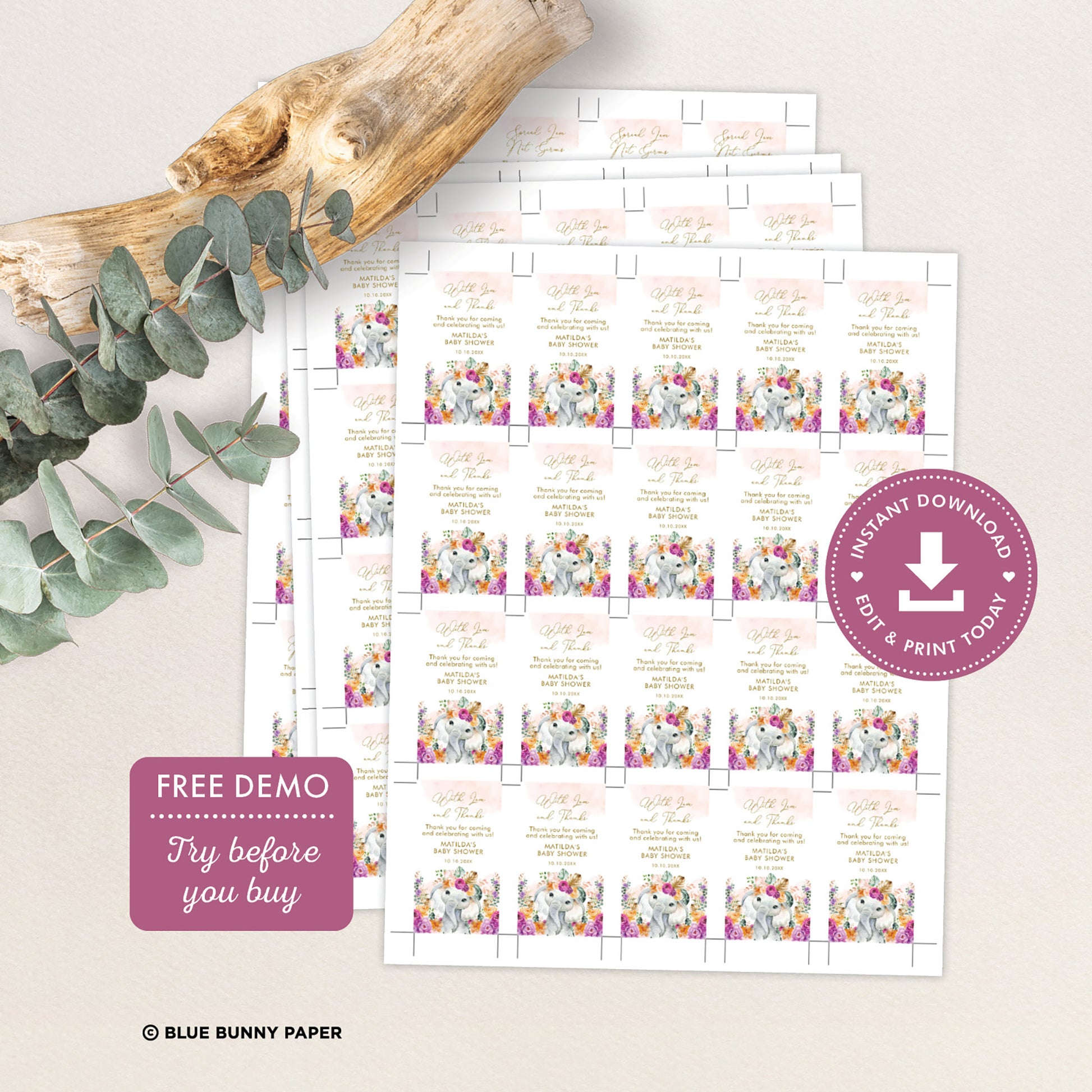 Flower Elephant Hand Sanitizer Label