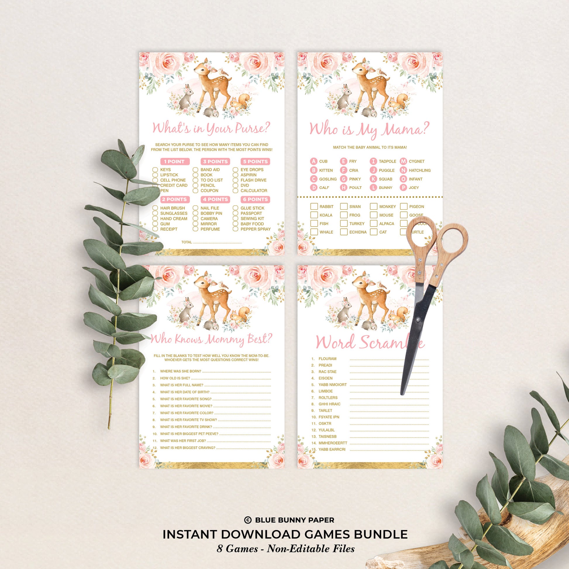 Girl Woodland Baby Shower Games Package