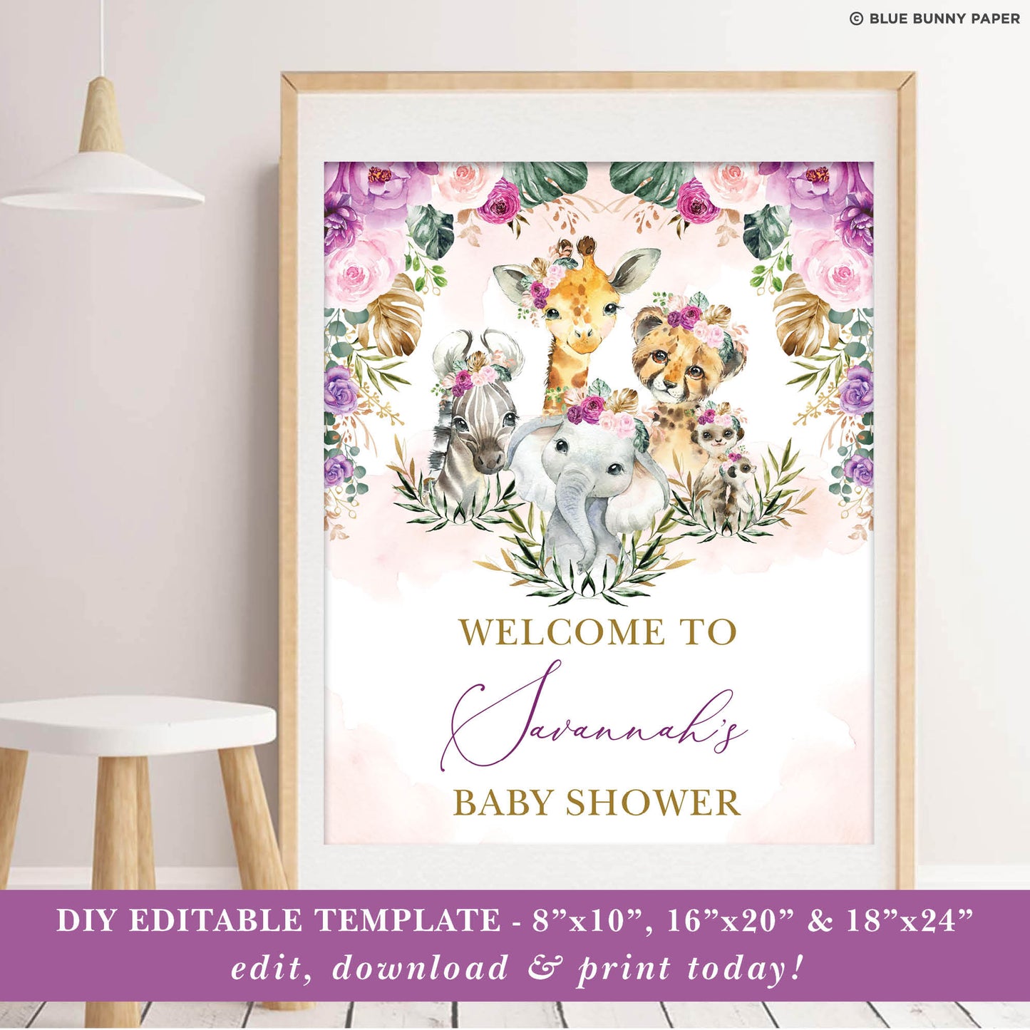 Jungle Animals Girl Baby Shower Welcome Sign