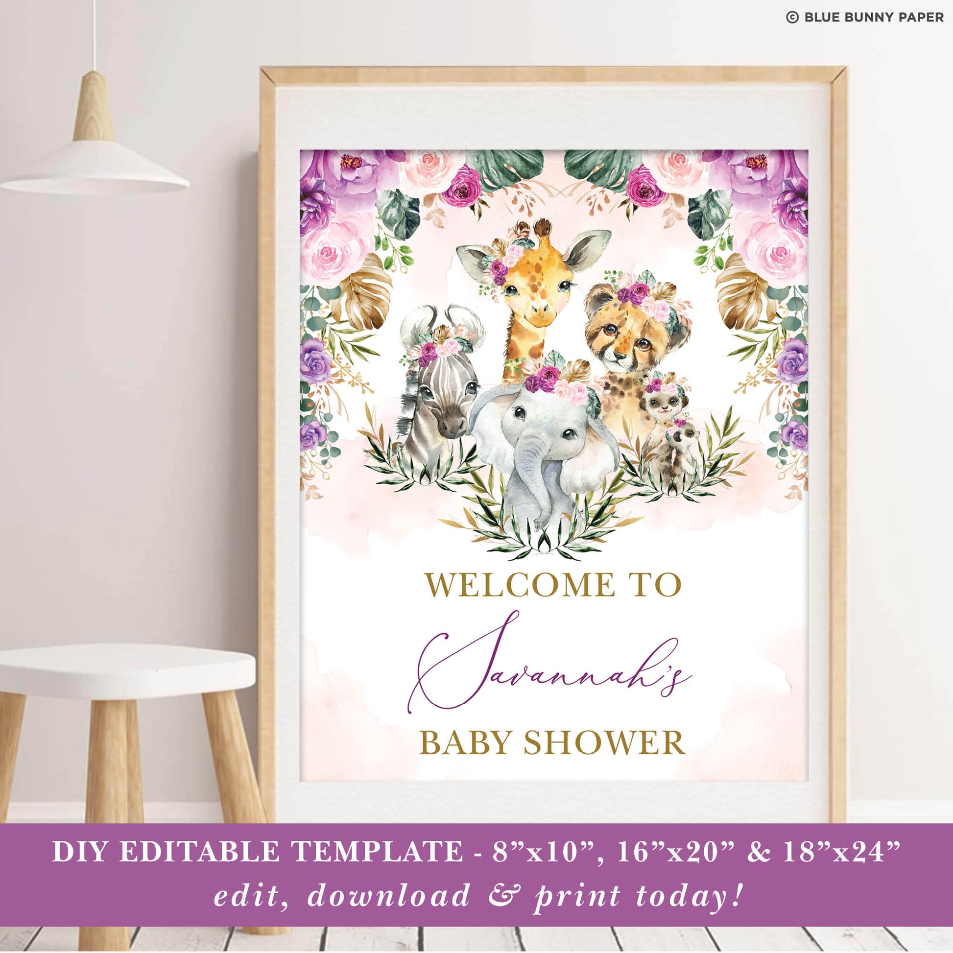 Jungle Animals Girl Baby Shower Welcome Sign