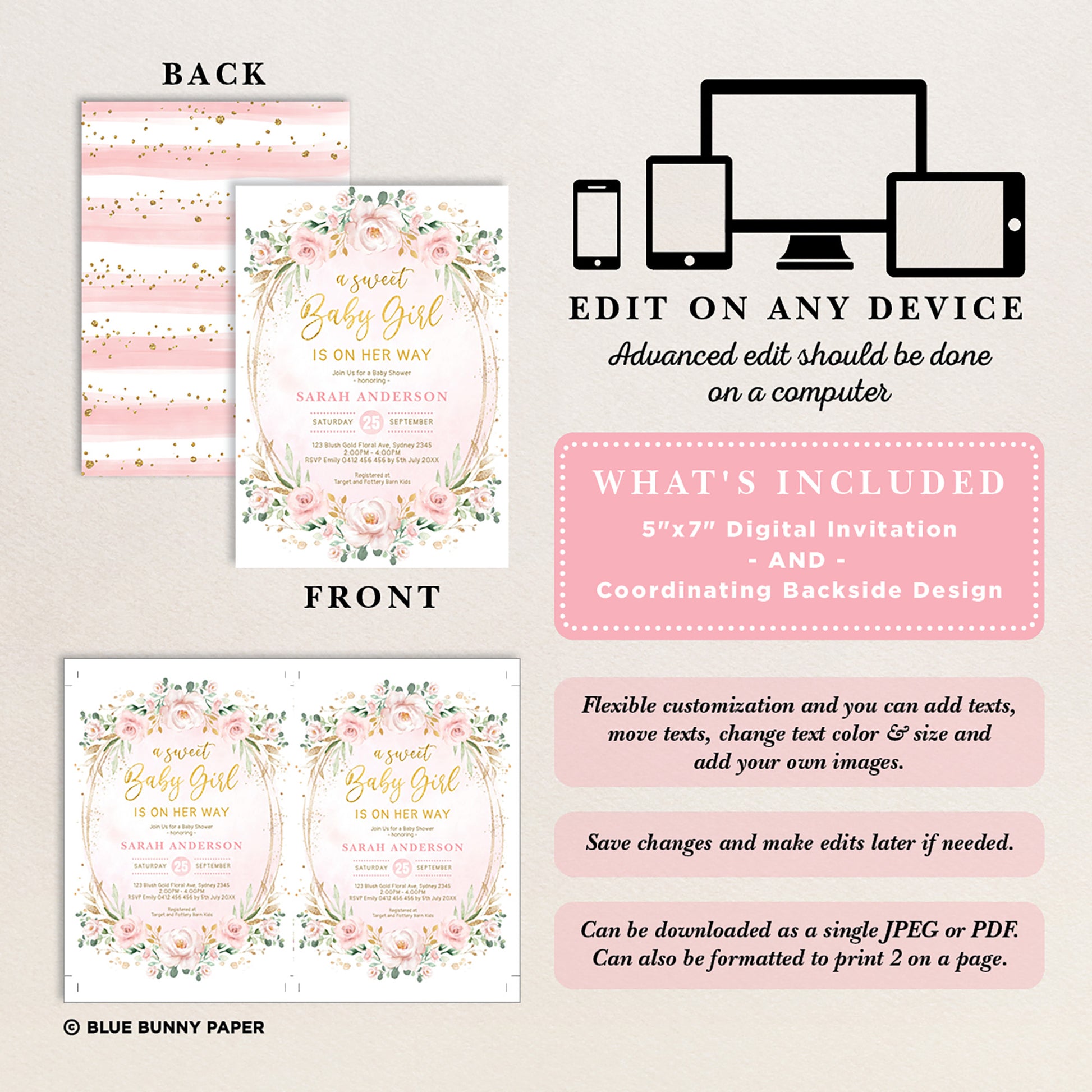 Pink Flowers Girl Baby Shower Invitation