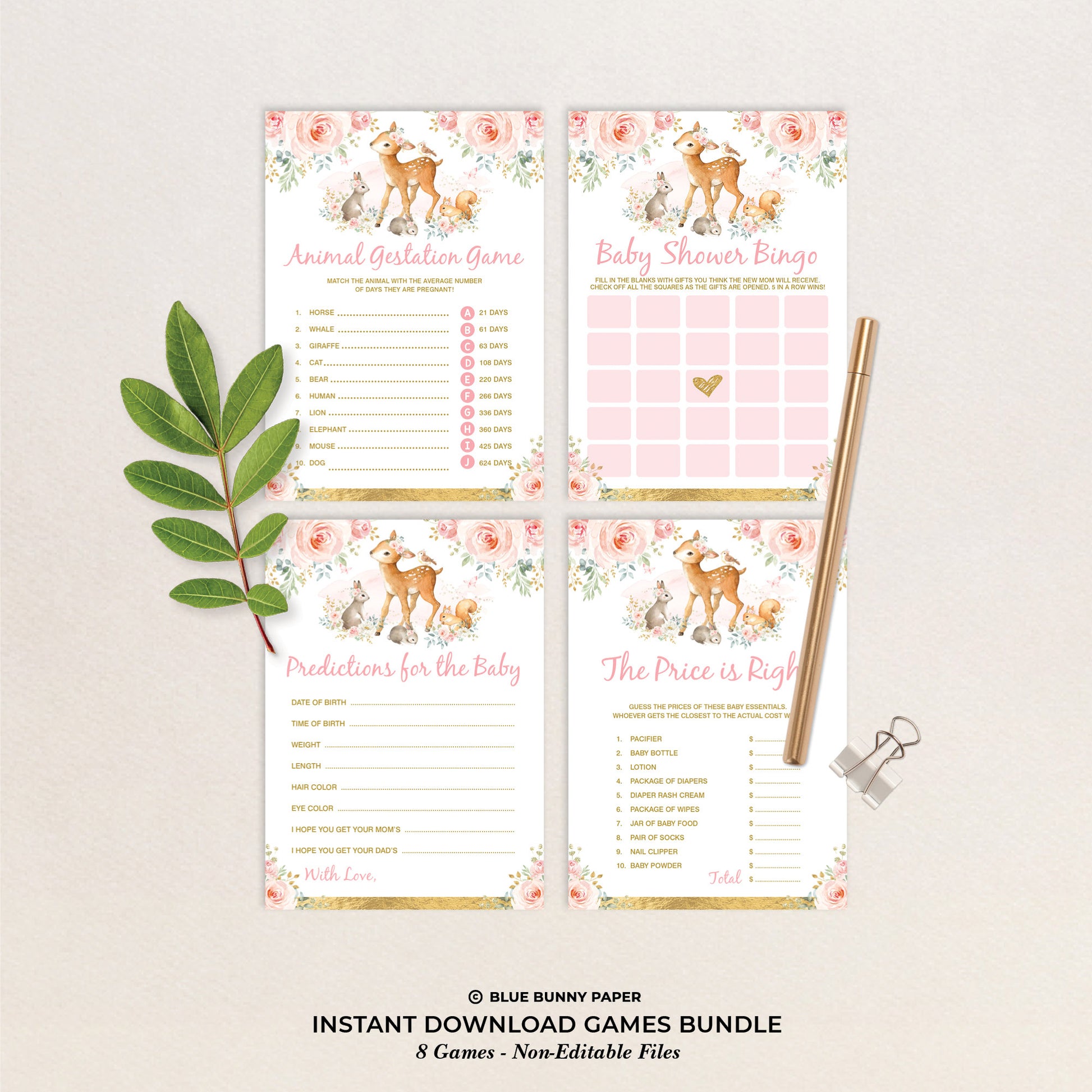 Girl Woodland Baby Shower Games Package