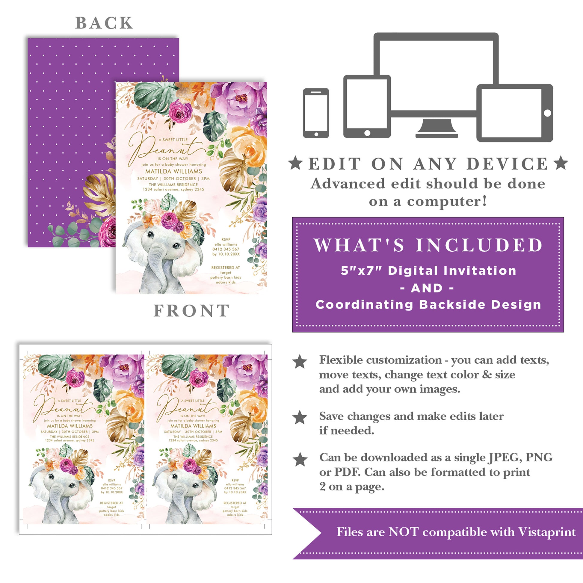 Flowers Elephant Baby Shower Invitation