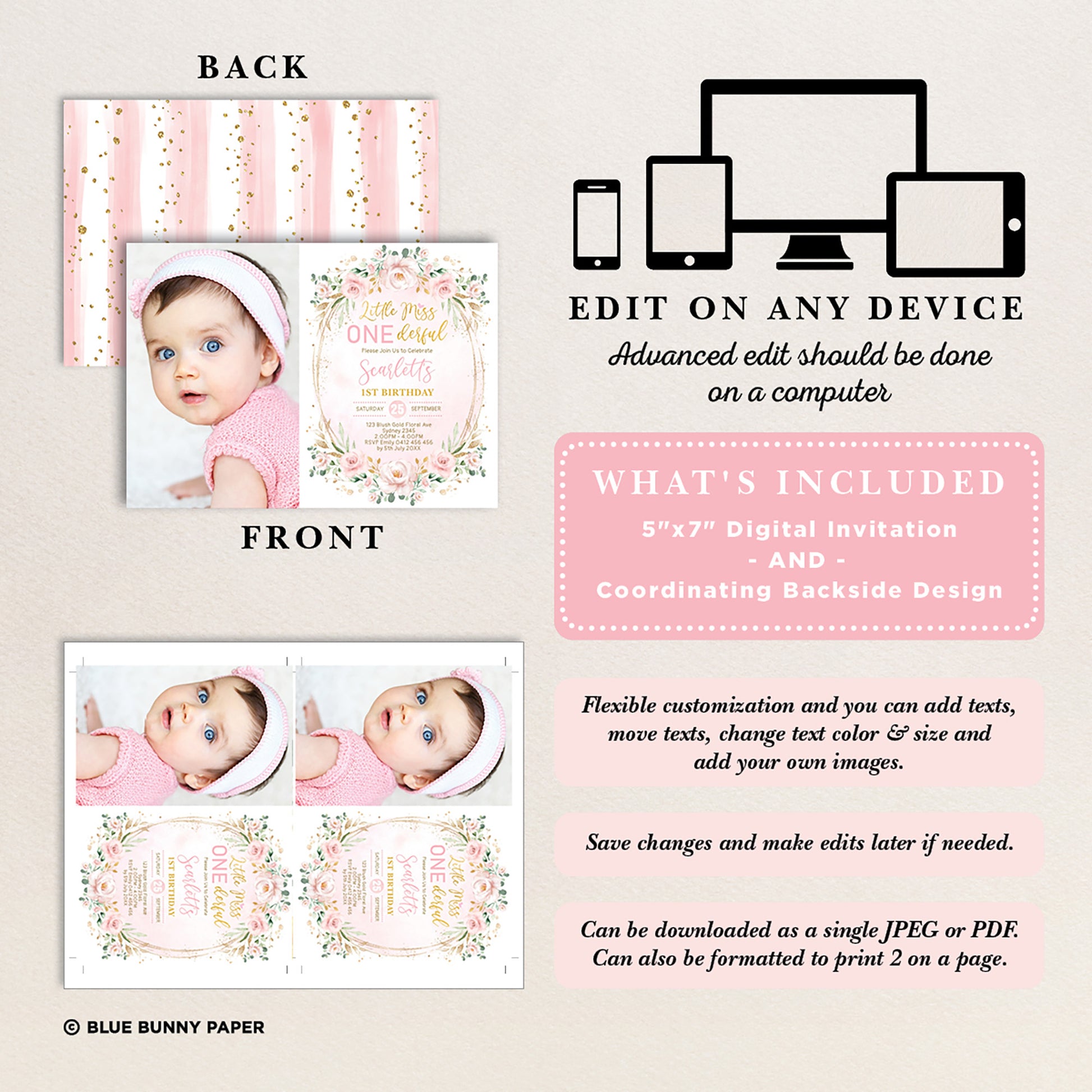 Girl First Birthday Photo Invitation