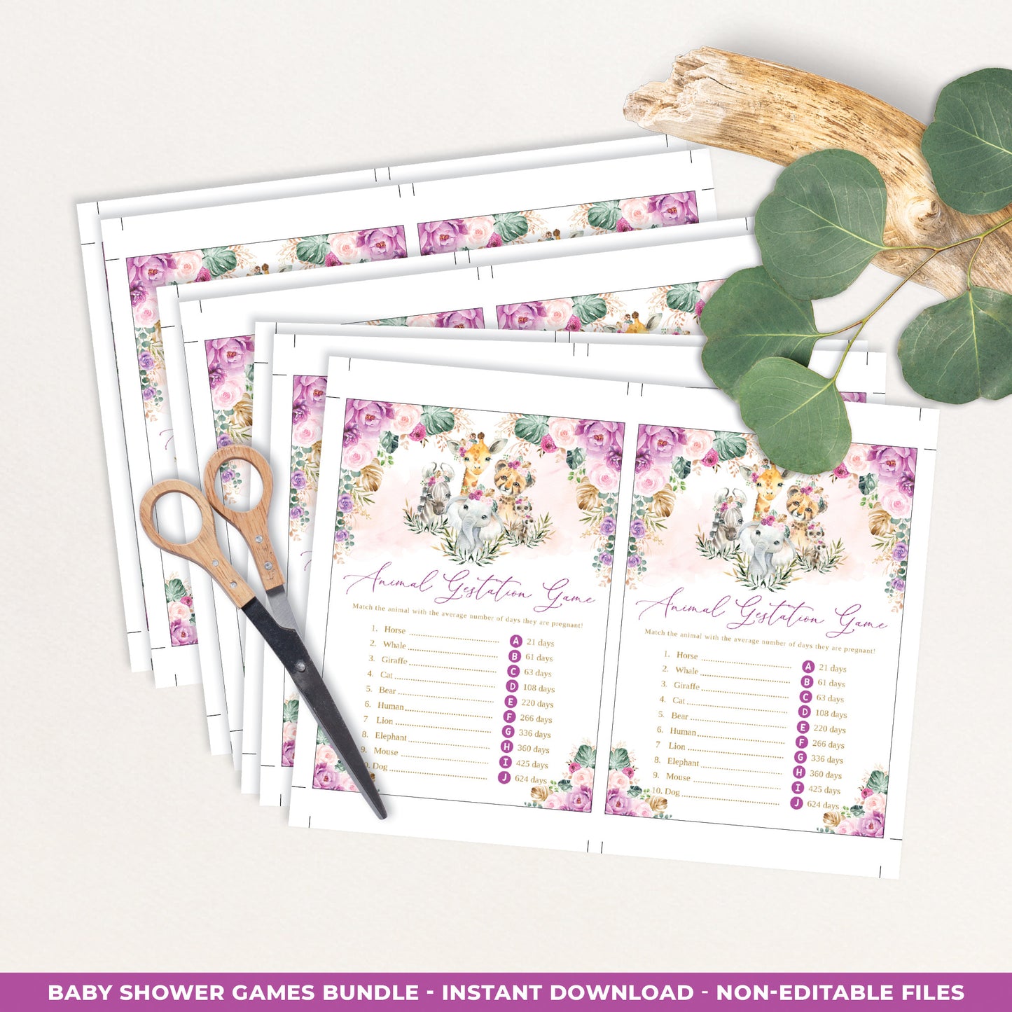 Jungle Animals Girl Baby Shower Games Bundle