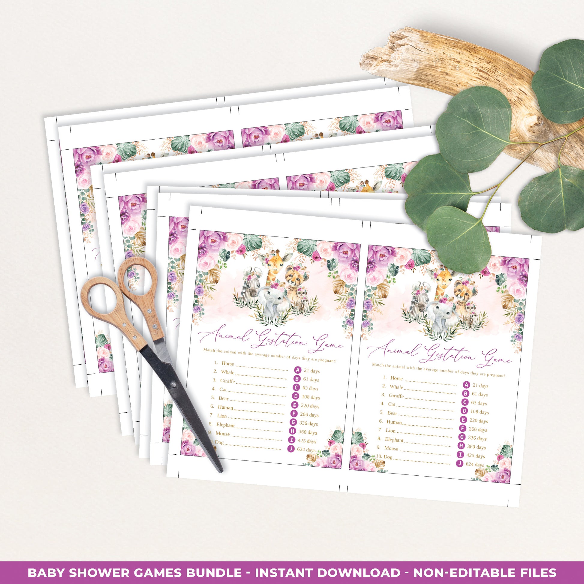 Jungle Animals Girl Baby Shower Games Bundle