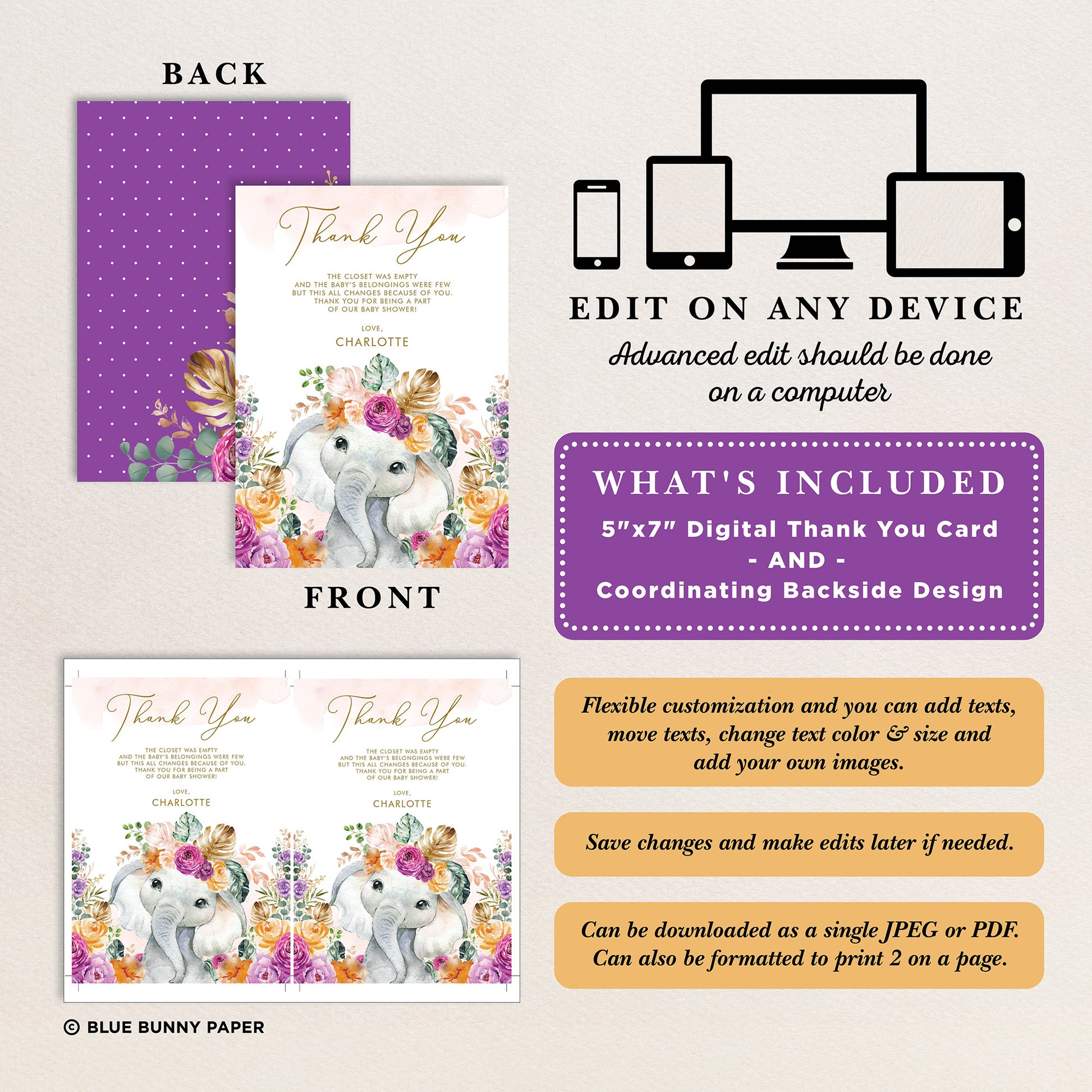Flower Elephant Baby Shower Thank You Card